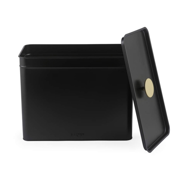 Black metal bread bin with gold knob on removable lid, shown open