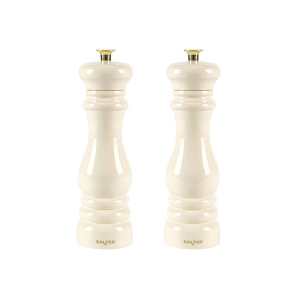 Set of two cream wooden salt and pepper mills with gold tops