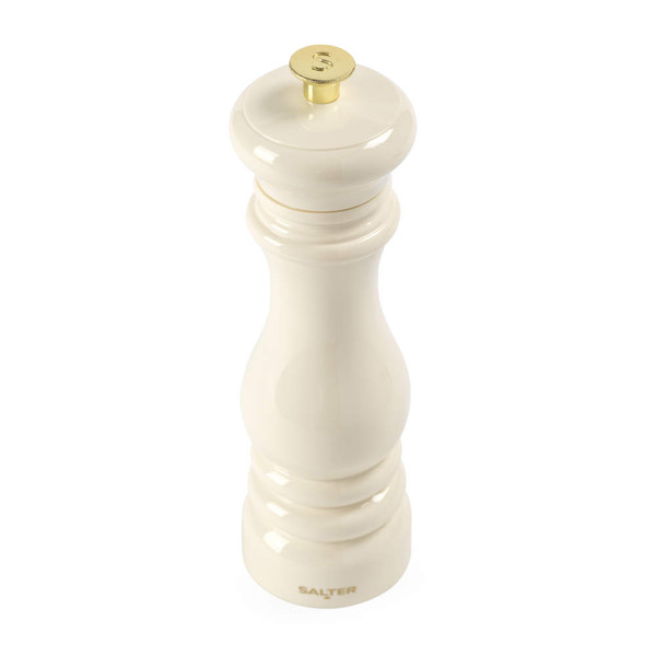 Cream salt mill with gold top, Salter branding, product image for marketplace.