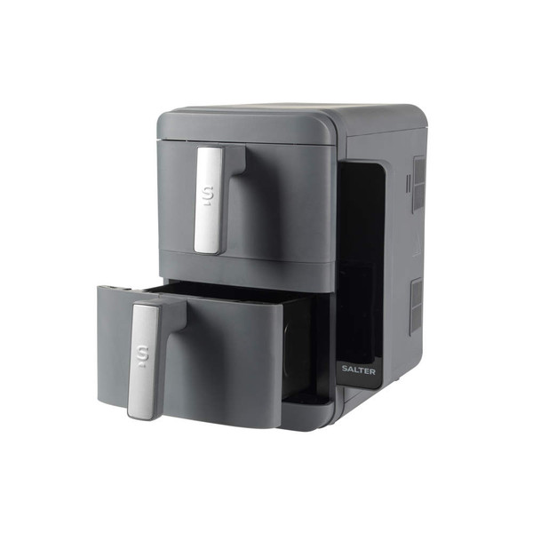 Grey Salter dual basket air fryer with front handles, shown at angle.
