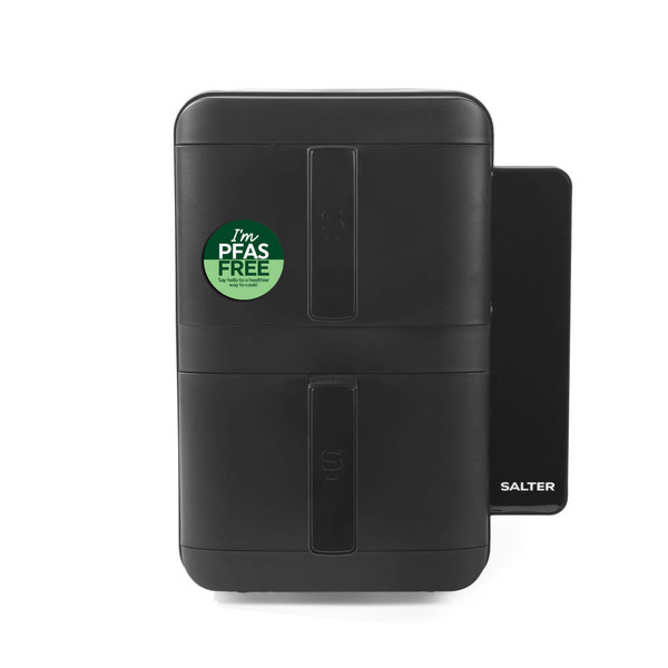 Black dual chamber salt and pepper grinder with PFAS free badge, front view.