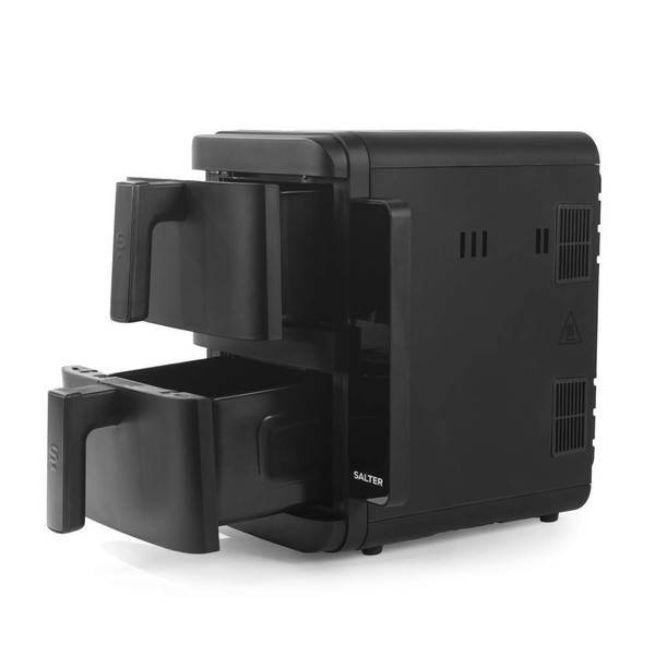 Black dual drawer air fryer with open baskets, side angle