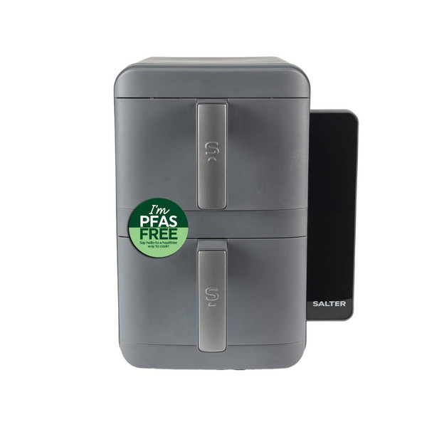 Black dual drawer air fryer with open baskets, side angle