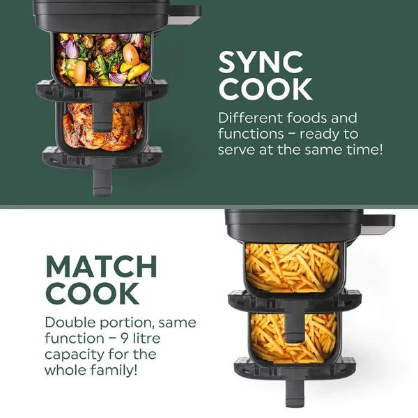 Two black dual air fryers with wood accents on kitchen worktop