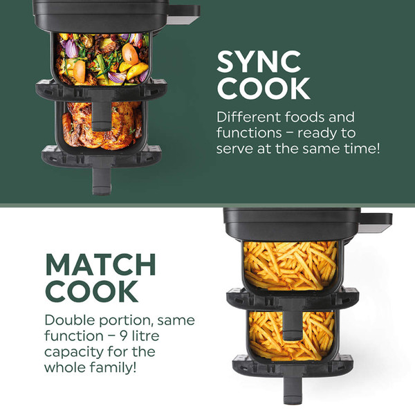 Two black dual air fryers with wood accents on kitchen worktop