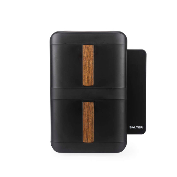 Black dual air fryer with two drawers, digital display, shown in use with cooked food