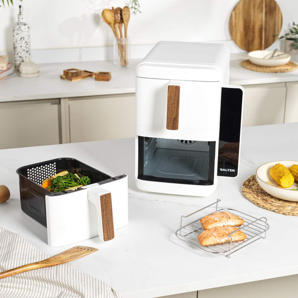 Salter Toronto VertiCook Ultra air fryer packaging, showing product features and countertop savings.