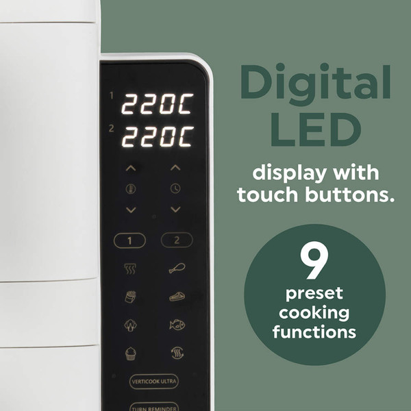 White and black double drawer air fryer showing baskets pulled out, product image