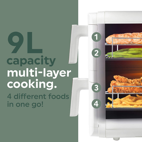 White air fryer with wood-effect handles, shown with drawer open, angled front view