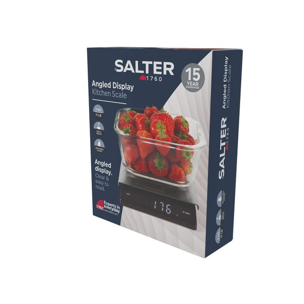Salter angled display kitchen scale box with strawberries shown on scale