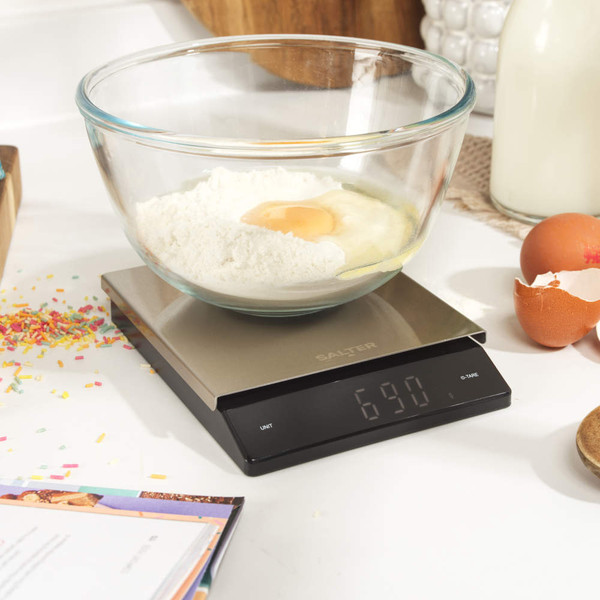 Salter angled display kitchen scale box with strawberries shown on scale