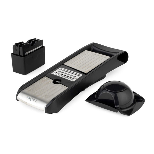 Black and stainless steel vegetable mandoline slicer set with attachments.