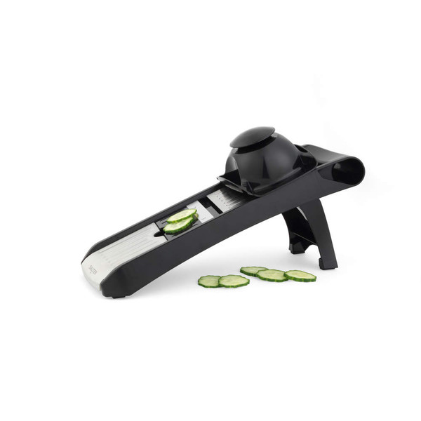 Black and silver handheld mandoline slicer with protective holder, shown slicing cucumber.