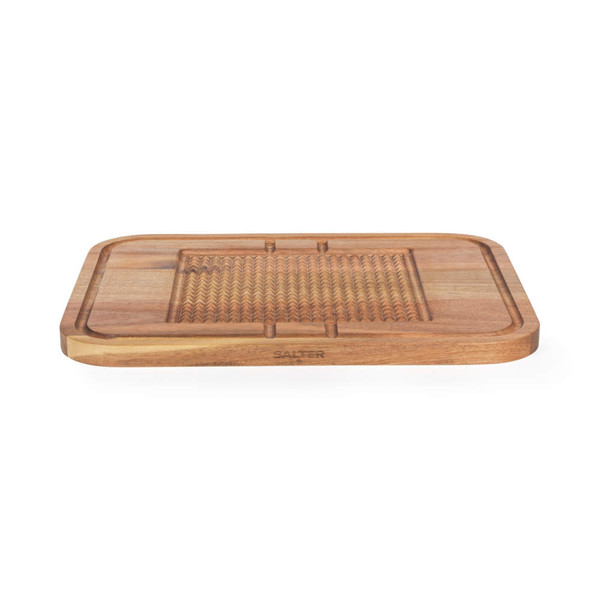 Wooden chopping board with meat grip and juice groove, shown from above
