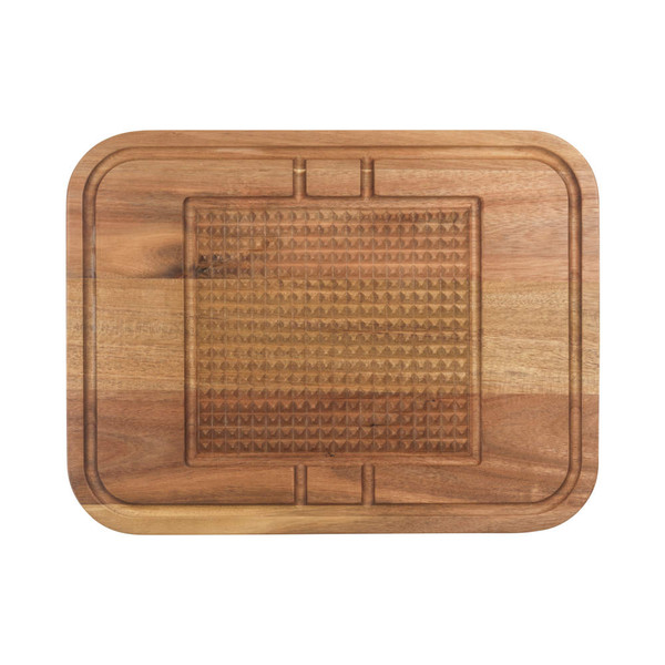 Rectangular wooden carving board with juice groove and textured centre