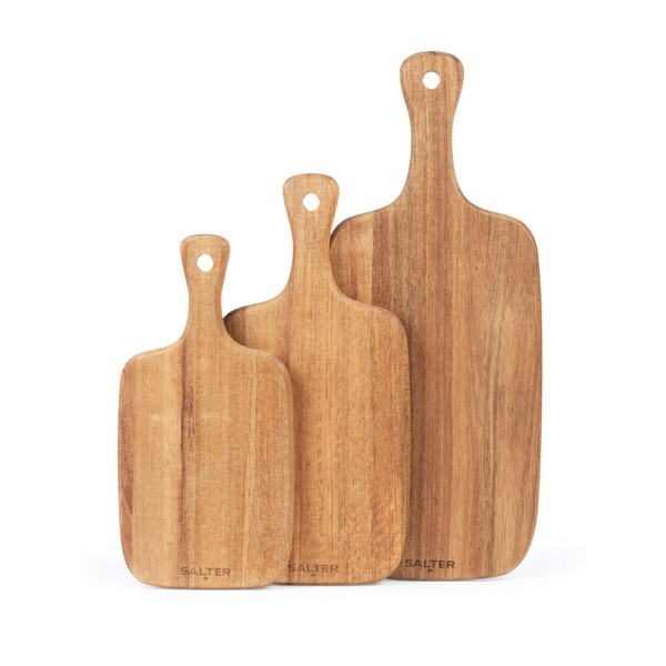 Set of three wooden paddle chopping boards, natural finish, shown upright.