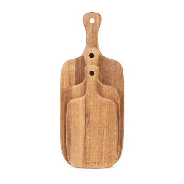 Set of three rectangular wooden chopping boards with handles, nested together