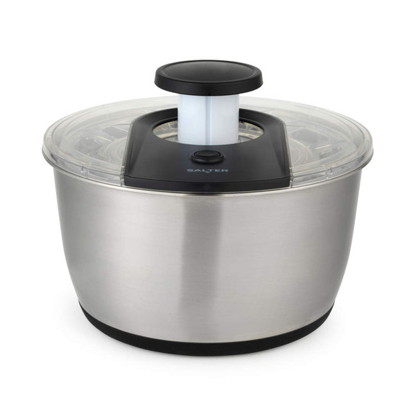 Stainless steel salad spinner with black and clear lid, shown on white background