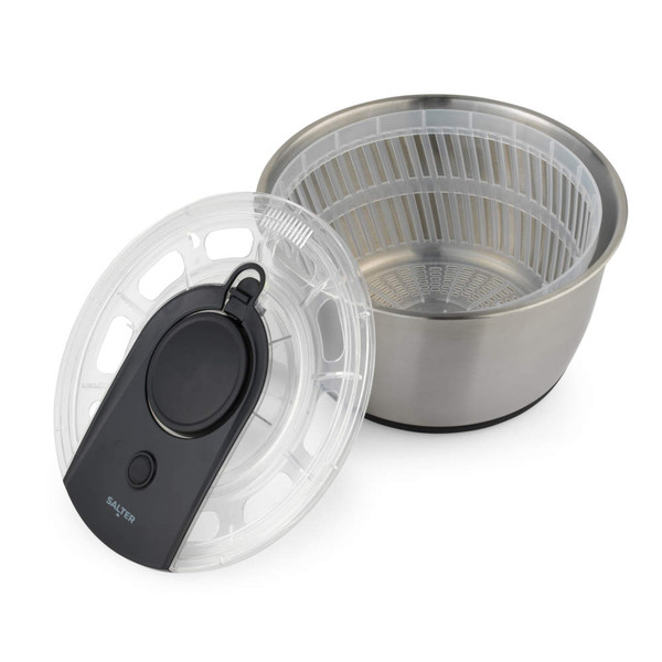Silver salad spinner with clear lid and black handle, shown open