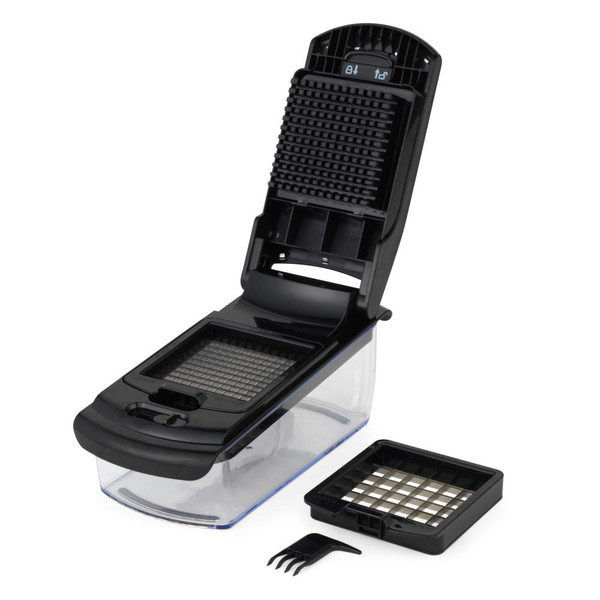 Black vegetable chopper with interchangeable grid blades and cleaning comb