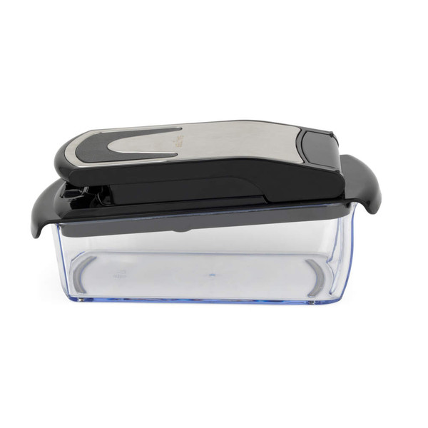 Black and silver manual food chopper on transparent container, side view
