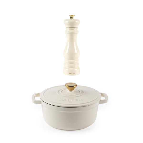 Cream salt grinder and matching casserole dish with gold accents