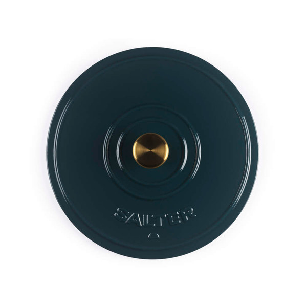 Round dark green casserole lid with gold knob, embossed with SALTER logo.