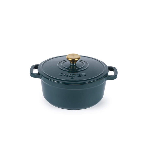 Green cast iron casserole dish with gold knob lid, shown from the front