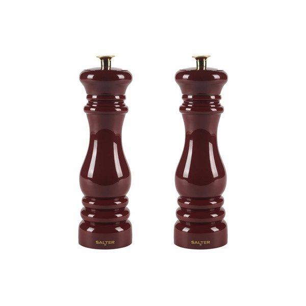 Set of two tall, dark red wooden salt and pepper mills with brass tops