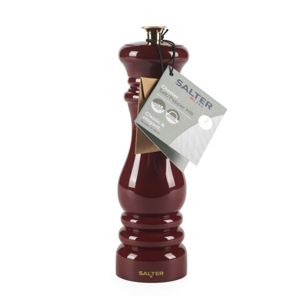 Red Salter Chester salt or pepper mill with gold top, shown upright for product listing