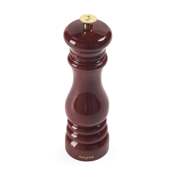 Red wood salt mill with gold top, shown upright on white background