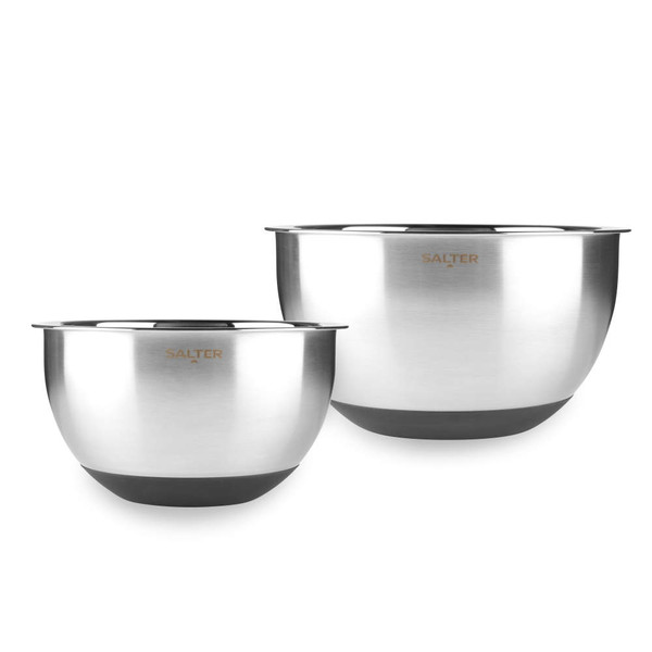 Set of two silver stainless steel mixing bowls with black bases