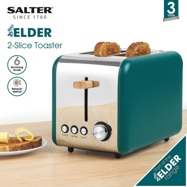 Elder 2 Slice Toaster, 6 Levels Of Variable Browning, 850 W, Teal, Wood 