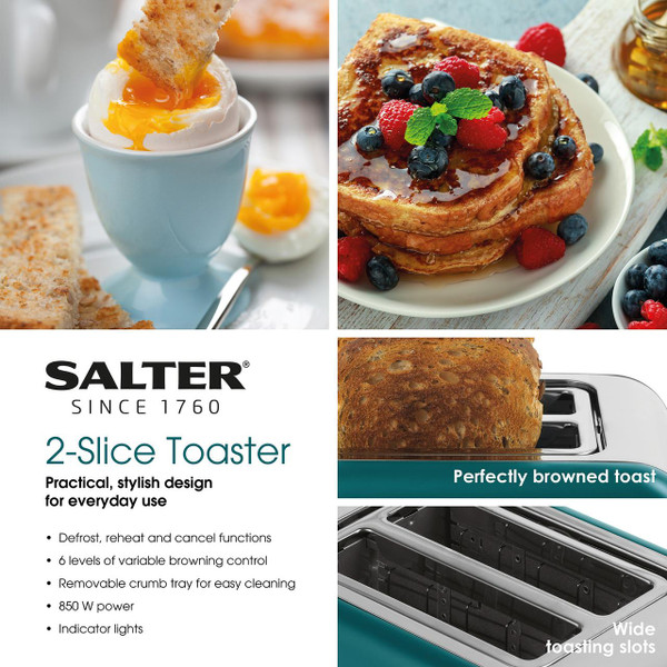 Elder 2 Slice Toaster, 6 Levels Of Variable Browning, 850 W, Teal, Wood 