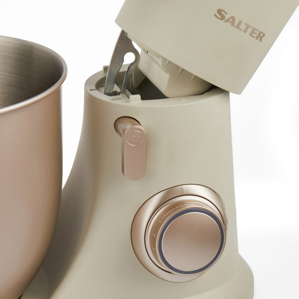 Cream stand mixer close-up showing speed dial and mixing bowl, Salter brand.