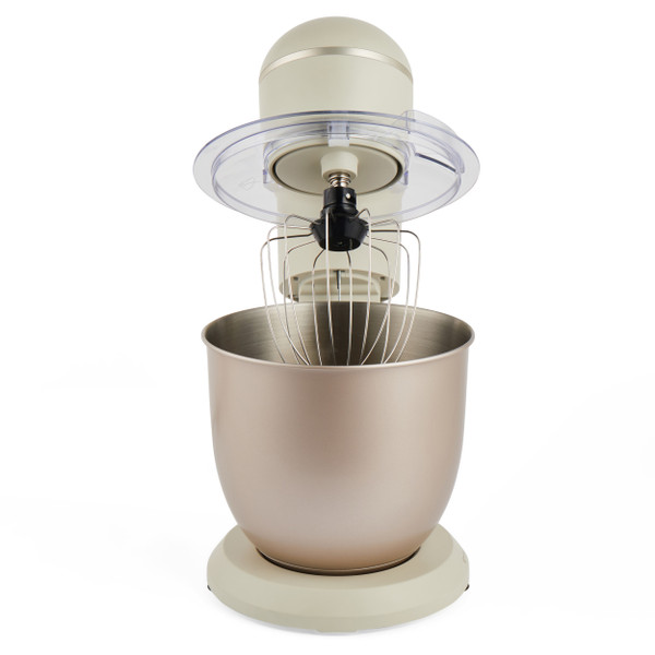 Cream stand mixer and matching hand mixer on kitchen counter