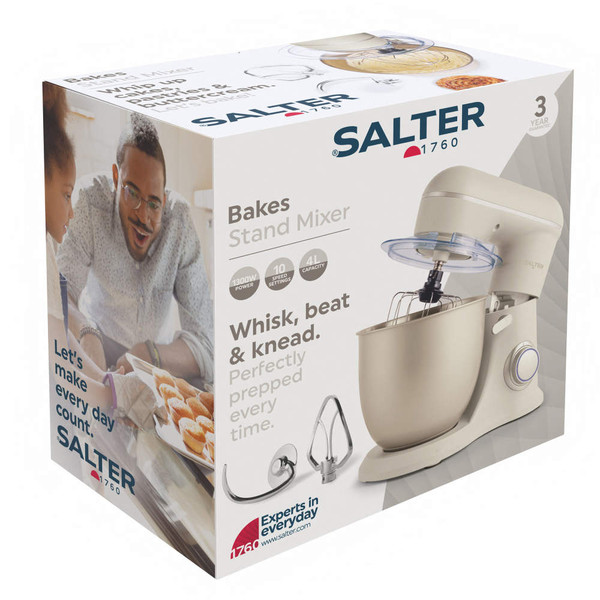 Salter stand mixer retail box showing mixer and attachments, cream colour.