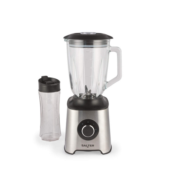Stainless steel blender with glass jug and portable drinks bottle, front view