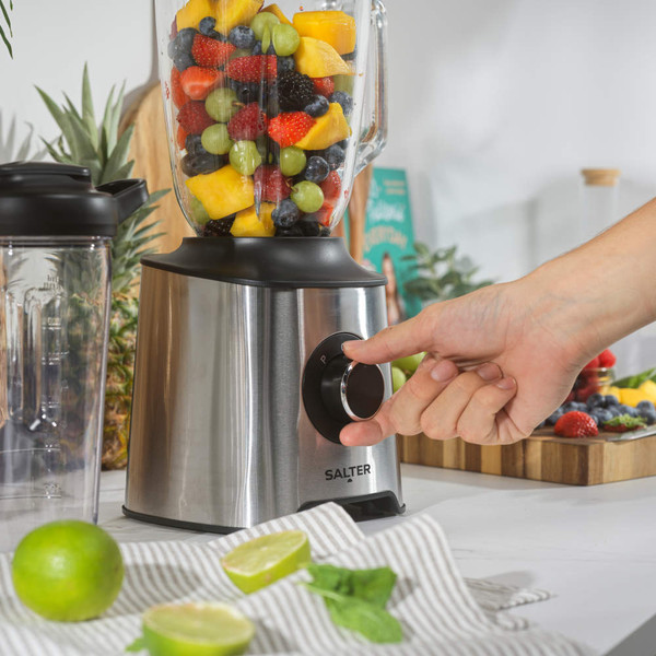 Salter stainless steel blender with glass jug and black lid, product image
