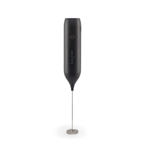 Black handheld milk frother with Salter branding, shown upright for product listing.