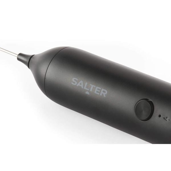 Black Salter electric milk frother with on/off button, product close-up