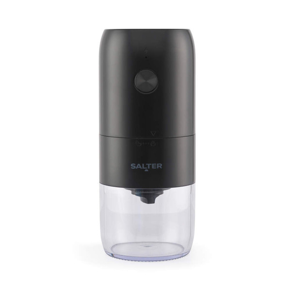 Black electric spice grinder with Salter logo, shown upright.