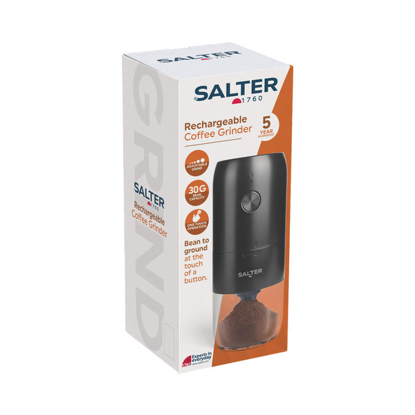 Rechargeable black coffee grinder in retail box, packaged for sale