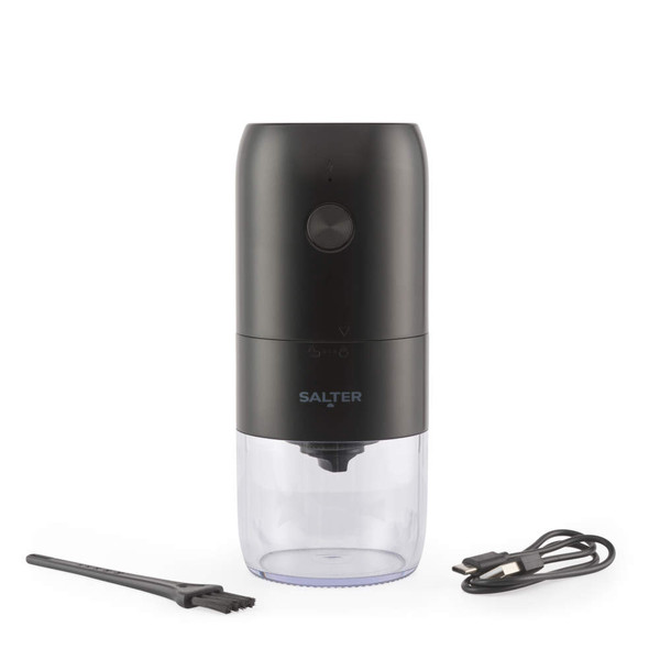 Black cordless electric coffee grinder with clear container, cleaning brush and USB charging cable.