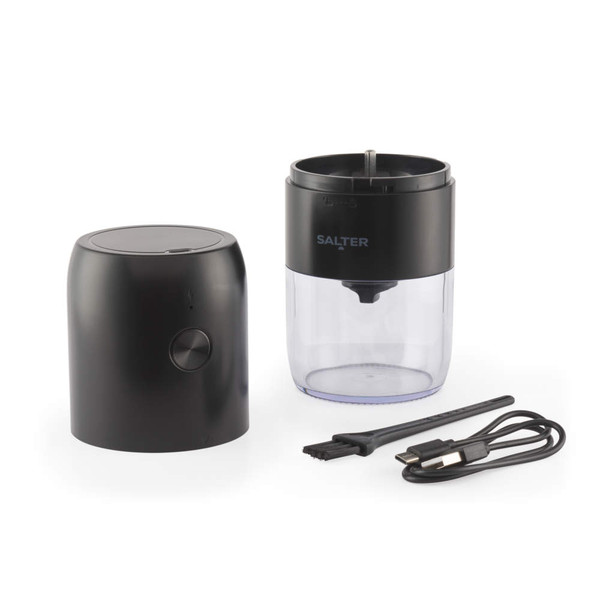 Black electric coffee grinder with clear container, USB charging cable and cleaning brush