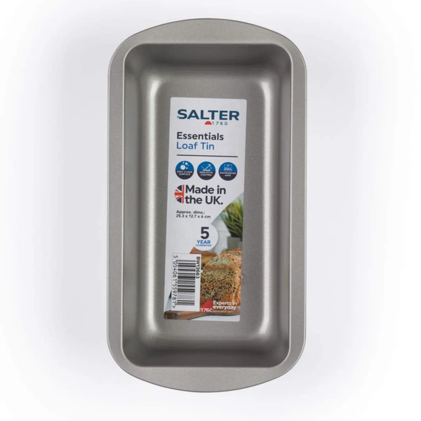 Grey non-stick loaf tin, top view, labelled 'Made in the UK'