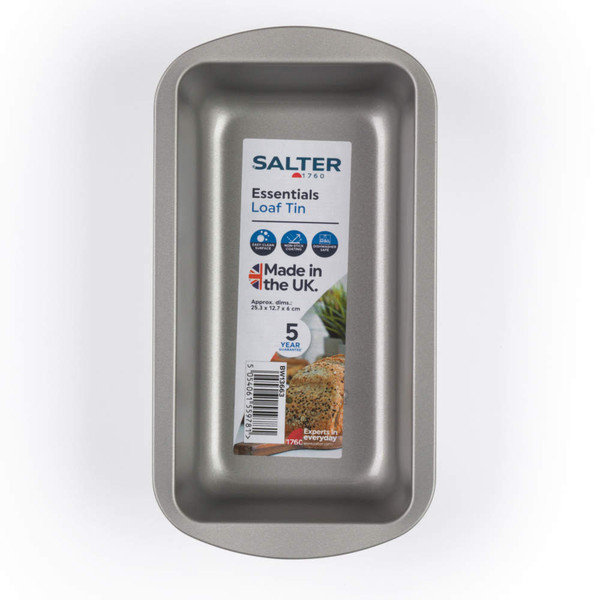 Grey non-stick loaf tin, top view, labelled 'Made in the UK'