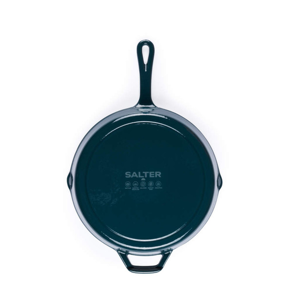 Green cast iron frying pan, Salter branding visible, shown base-up