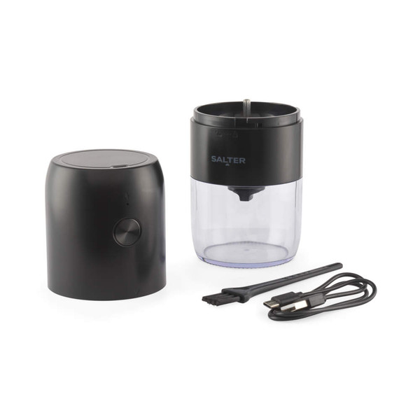 Black electric coffee grinder with clear container, USB charging cable and cleaning brush