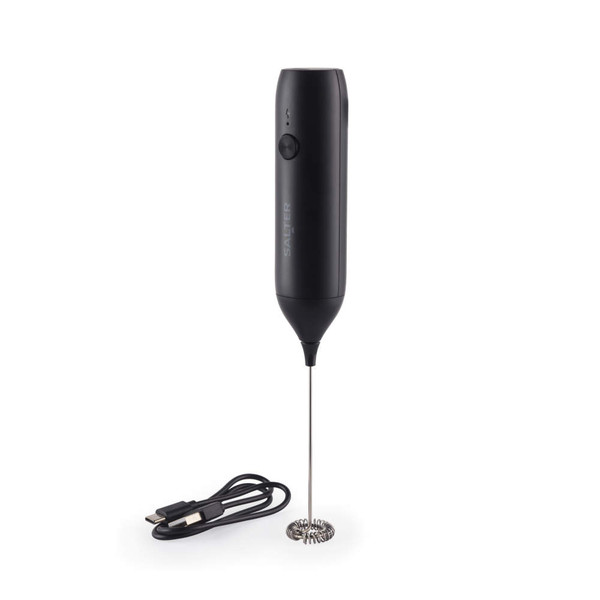 Black rechargeable milk frother with whisk and USB cable, upright view